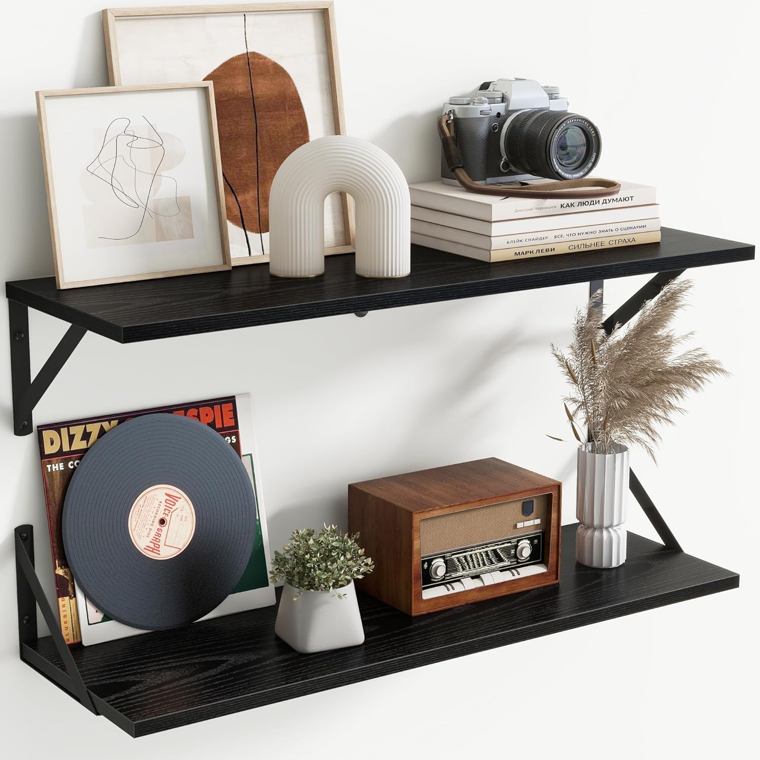 carpentray 30x8 inch floating shelves | 8 inch deep black wall shelves set of 2