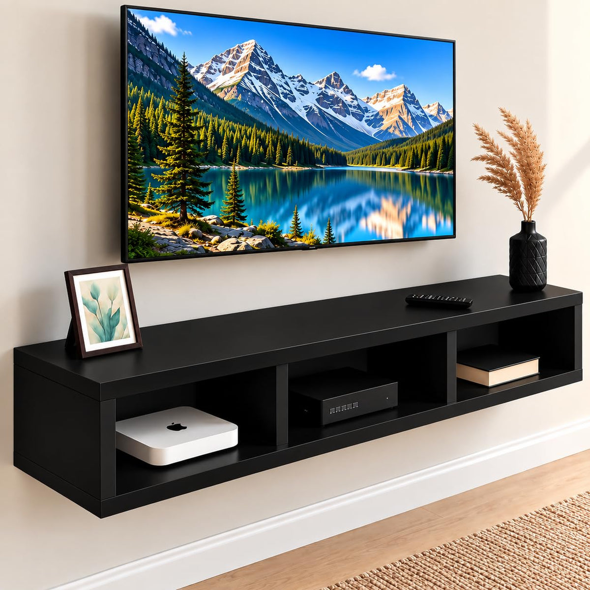 carpentray 60cm long wooden tv stand for living room | modern floating wall mounted (black, 60cm long)