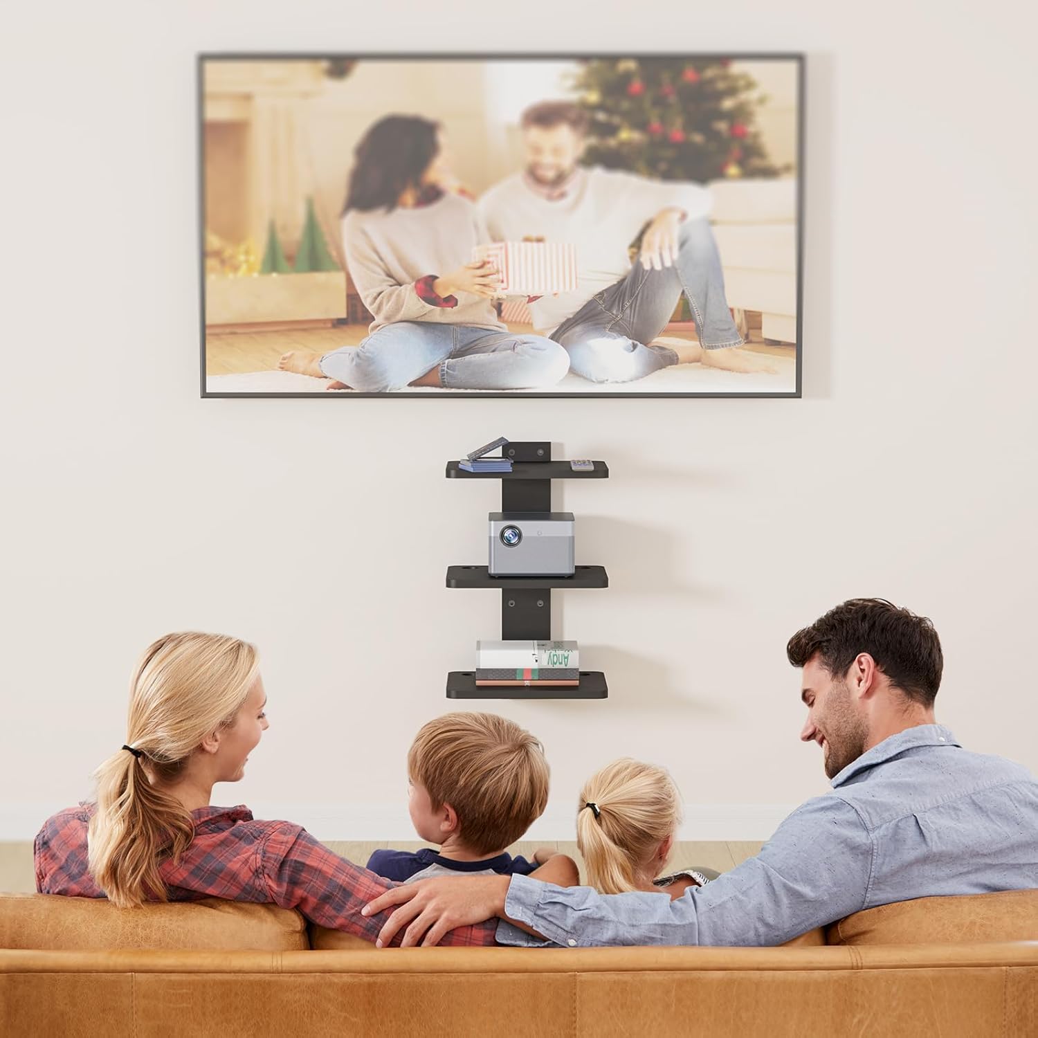 carpentray wooden floating triple shelf projector stand (black)