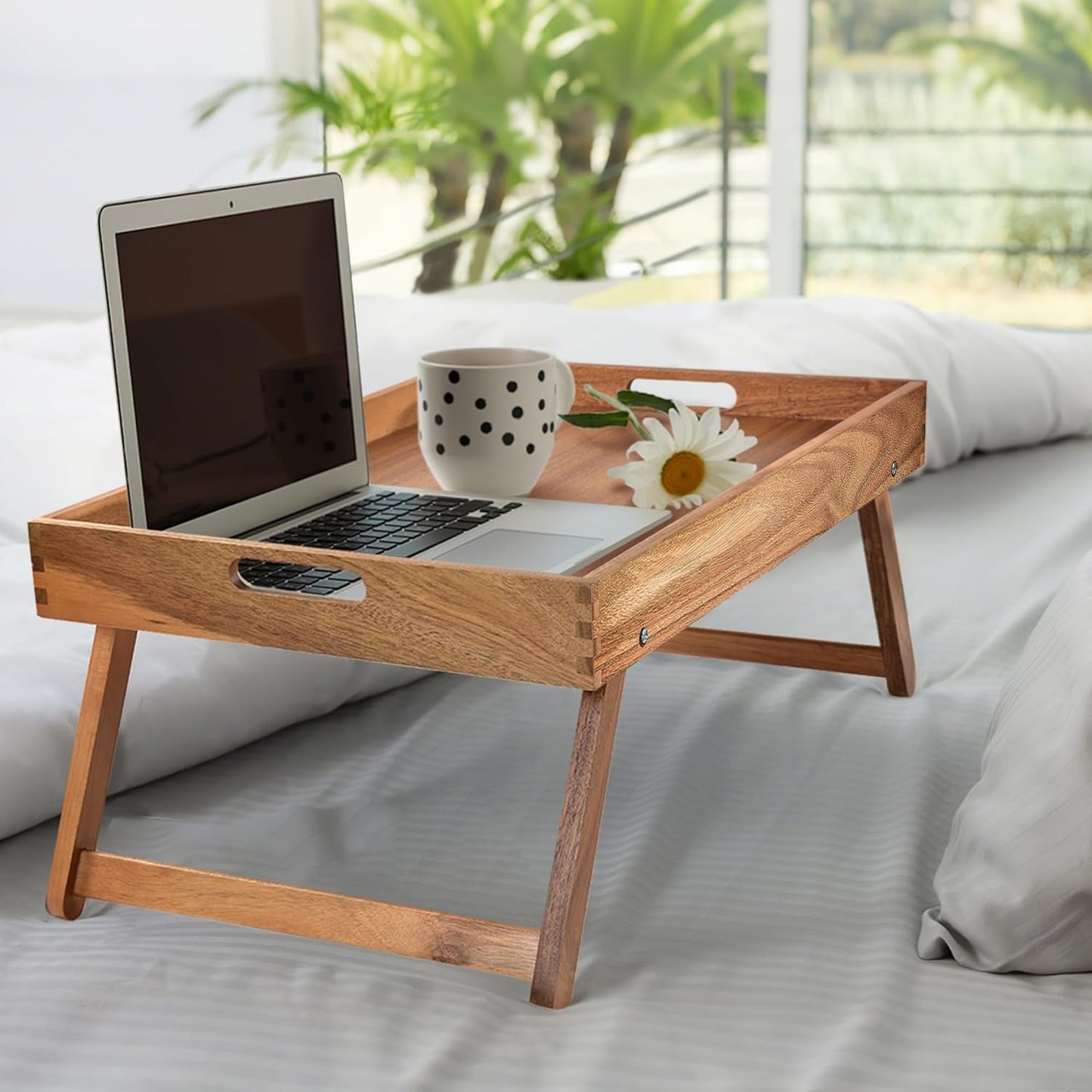 carpentray Extra Large Folding Bed Tray Table, 22’’ x 14’’ Acacia Wood Breakfast Tray