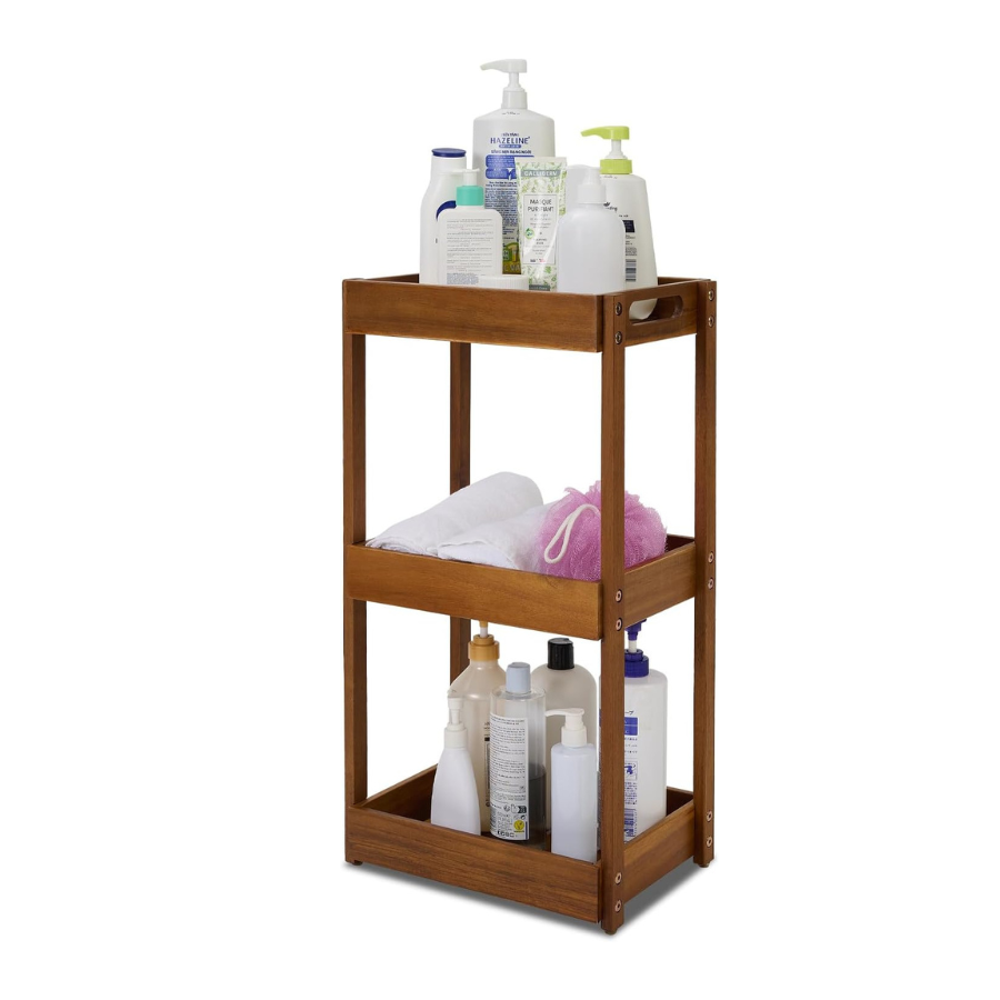 Carpentray Sheesham Wood Shower Caddy, 3 Tier Shower Organizer, Sturdy Corner Bathroom Caddy, Wooden Bathroom Shelves Freestanding, Teak Colored Acacia Bath Standing Shelf, Vanity Shelf for Bath