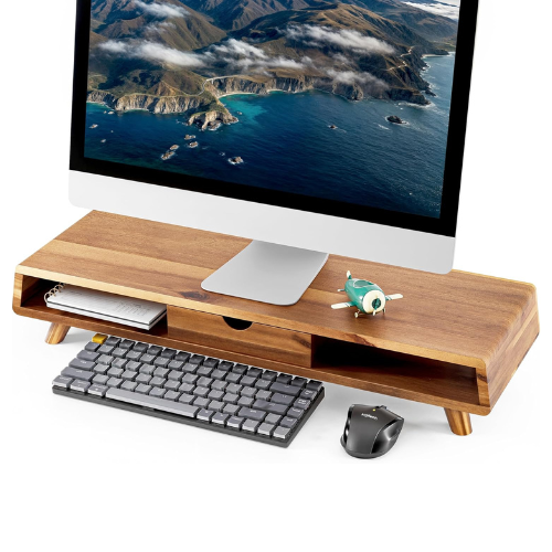 Carpentray Acacia Wood Monitor Stand with Drawer - Wooden Monitor Riser for Desk - Computer Monitor Stand