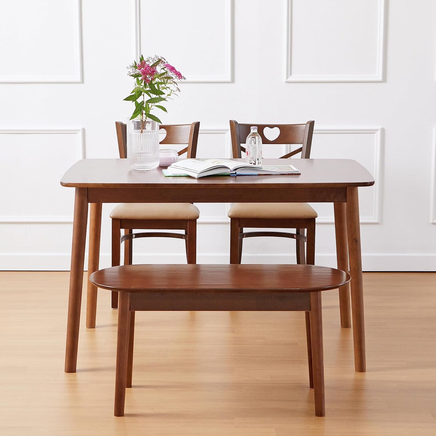 Carpentray Round Wooden Dining Bench/Solid Wood Bedroom Entry Way Kitchen Corridor Bench (Walnut)