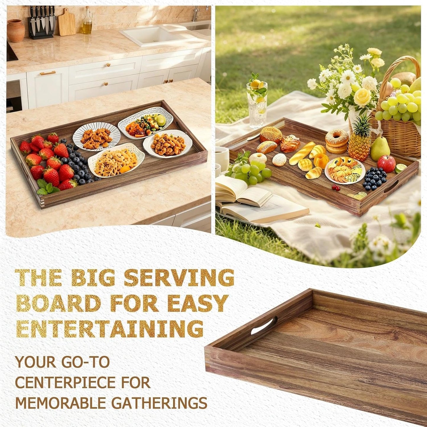 carpentray Extra Large Ottoman Tray, 32 x 18 inches Wooden Serving Tray