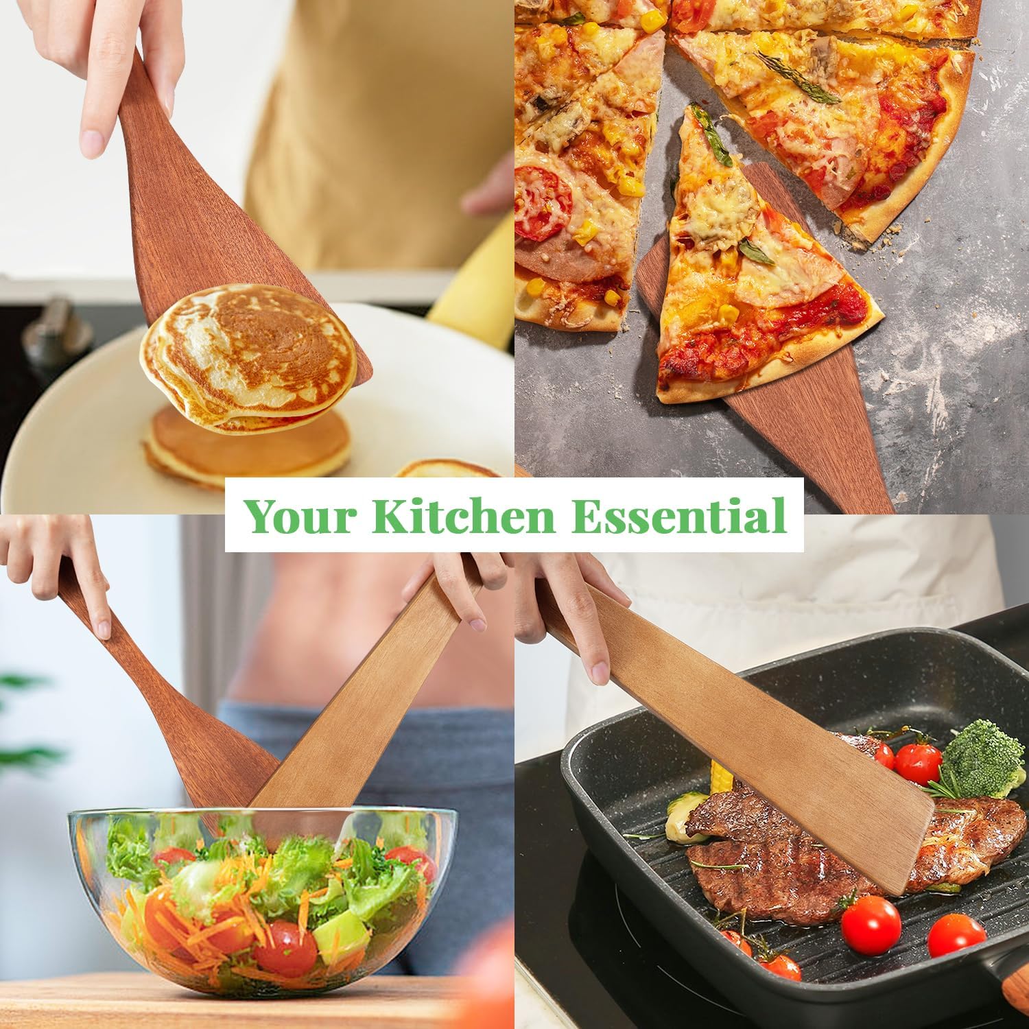 carpentray 3pcs wooden spatulas, 12inch long handle flat spatula set for nonstick pans,