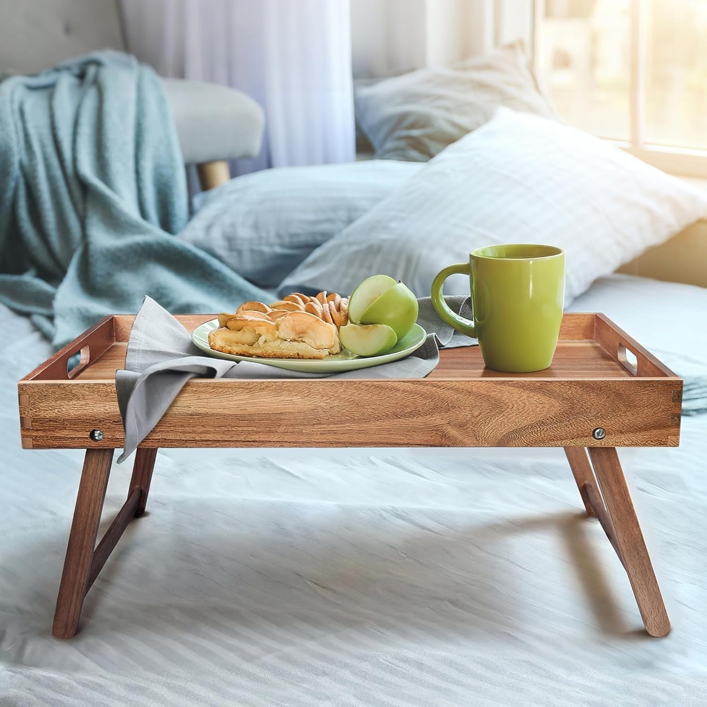 carpentray Extra Large Folding Bed Tray Table, 22’’ x 14’’ Acacia Wood Breakfast Tray