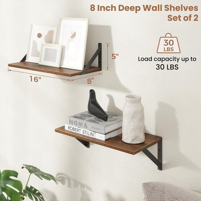 carpentray 16w x 8d floating shelves | 8 inch deep walnut wall shelves set of 2