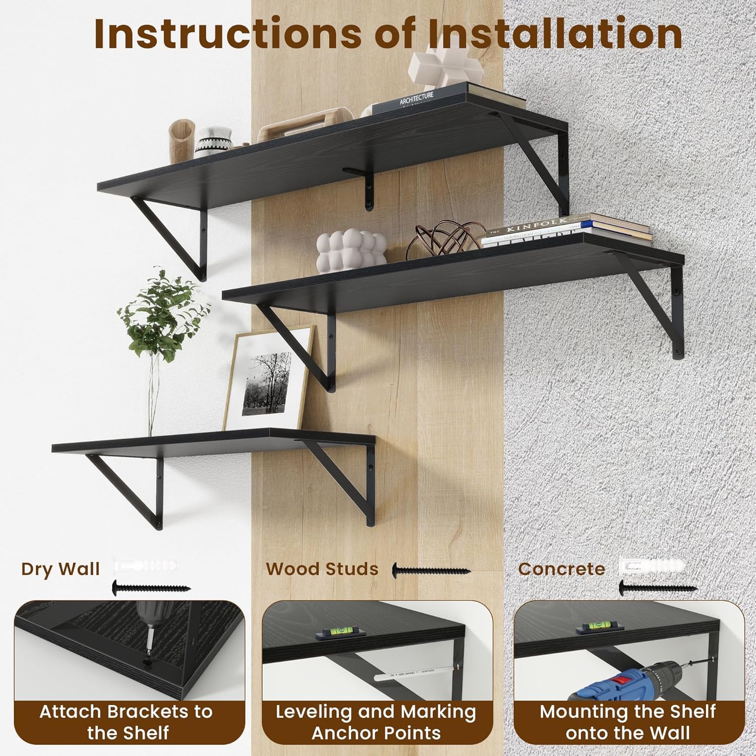 6x8 inch floating shelves | 8 inch deep black