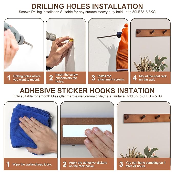 Carpentray Wooden Wall Hooks With 5 Hooks Set Of Two