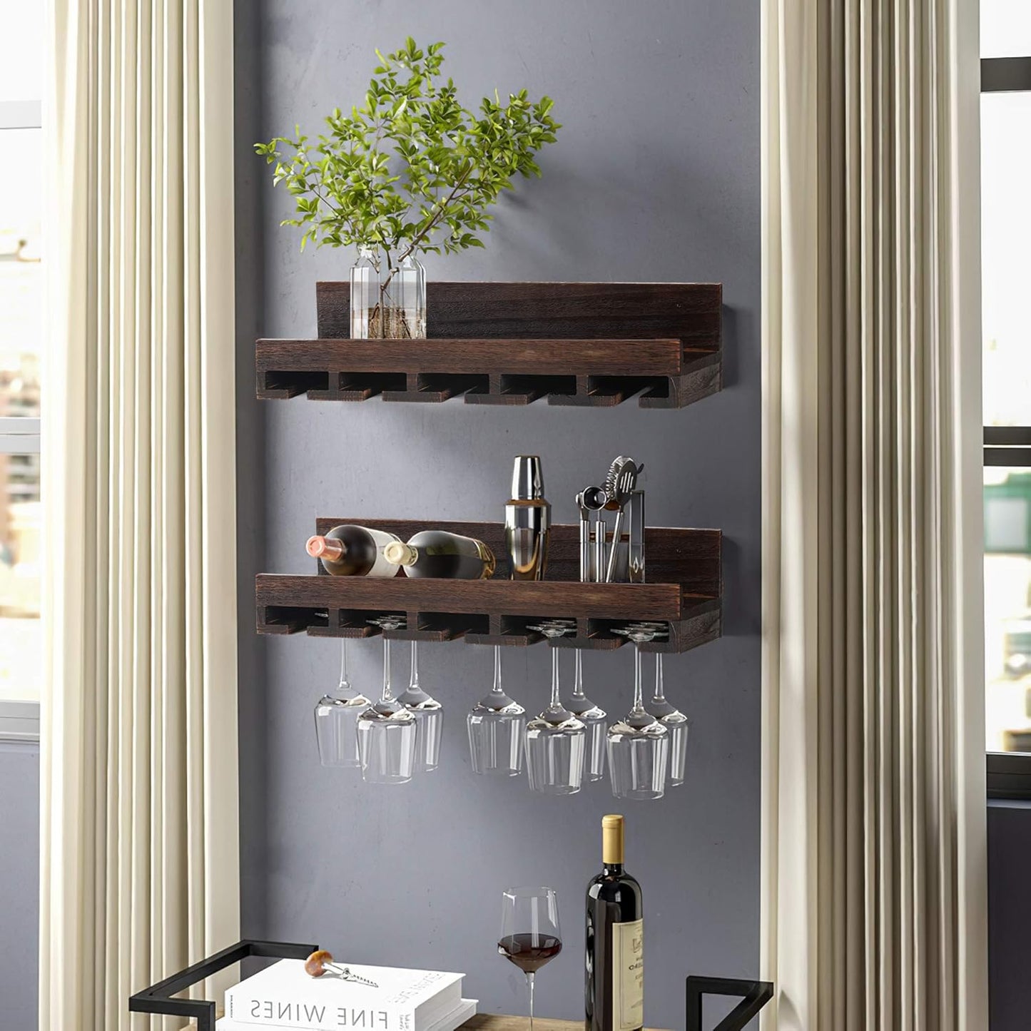 Carpentray Set of 1 Wall-Mounted Wood Wine Rack 10 Bottles Wine Storage Rack