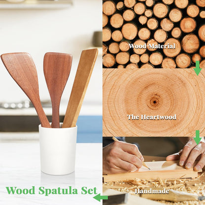 carpentray 3pcs wooden spatulas, 12inch long handle flat spatula set for nonstick pans,