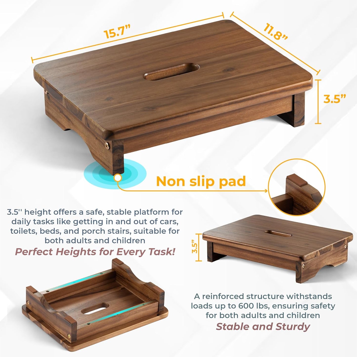 Carpentray Wooden Step Stool, 3.5'' One Step Stool for Adults (Walnut)