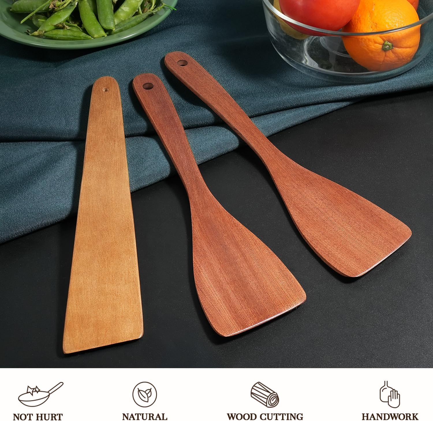 carpentray 3pcs wooden spatulas, 12inch long handle flat spatula set for nonstick pans,