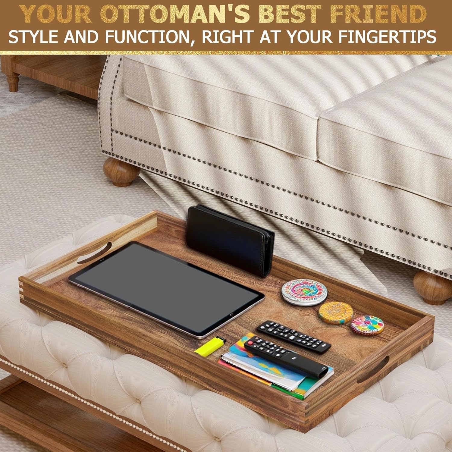 carpentray extra large ottoman tray, 32 x 18 inches wooden serving tray