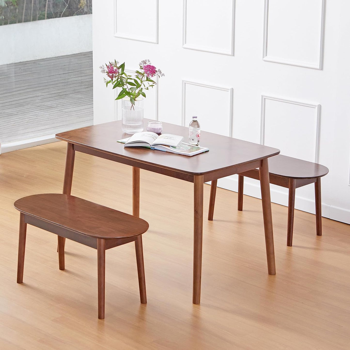 Carpentray Round Wooden Dining Bench/Solid Wood Bedroom Entry Way Kitchen Corridor Bench (Walnut)