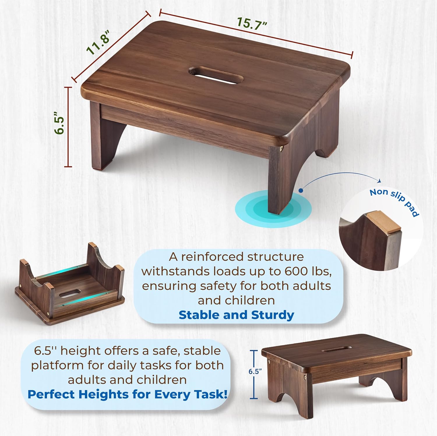 carpentray wooden step stool, 6.5'' one step stool for adults (walnut)