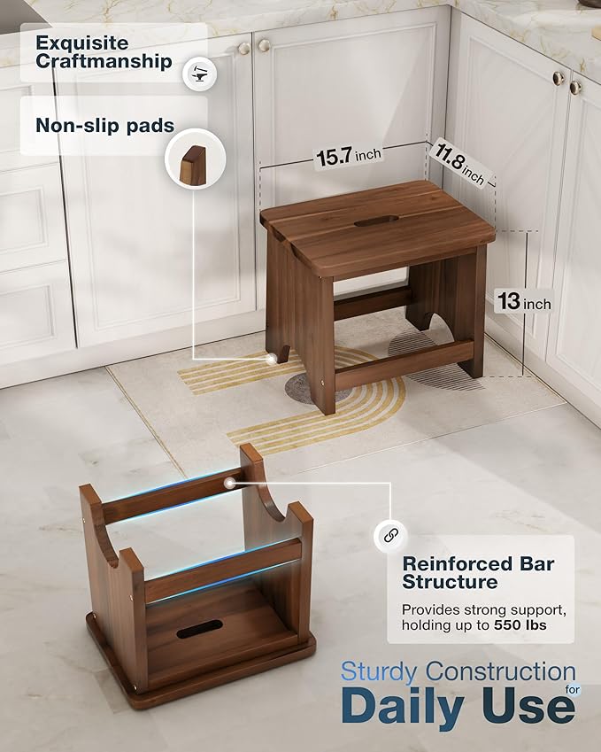 Carpentray Wooden Step Stool, 13'' Heavy Duty Stepping Stool Walnut