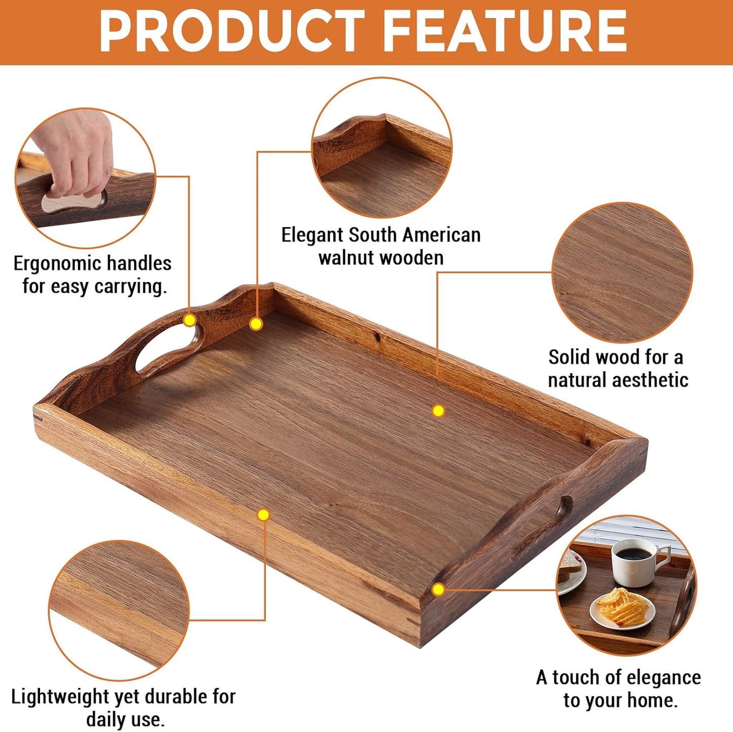 Carpentray 16x12 Inch Nature Walnut Wooden Serving Tray with Handles, Solid Wood Food Tray