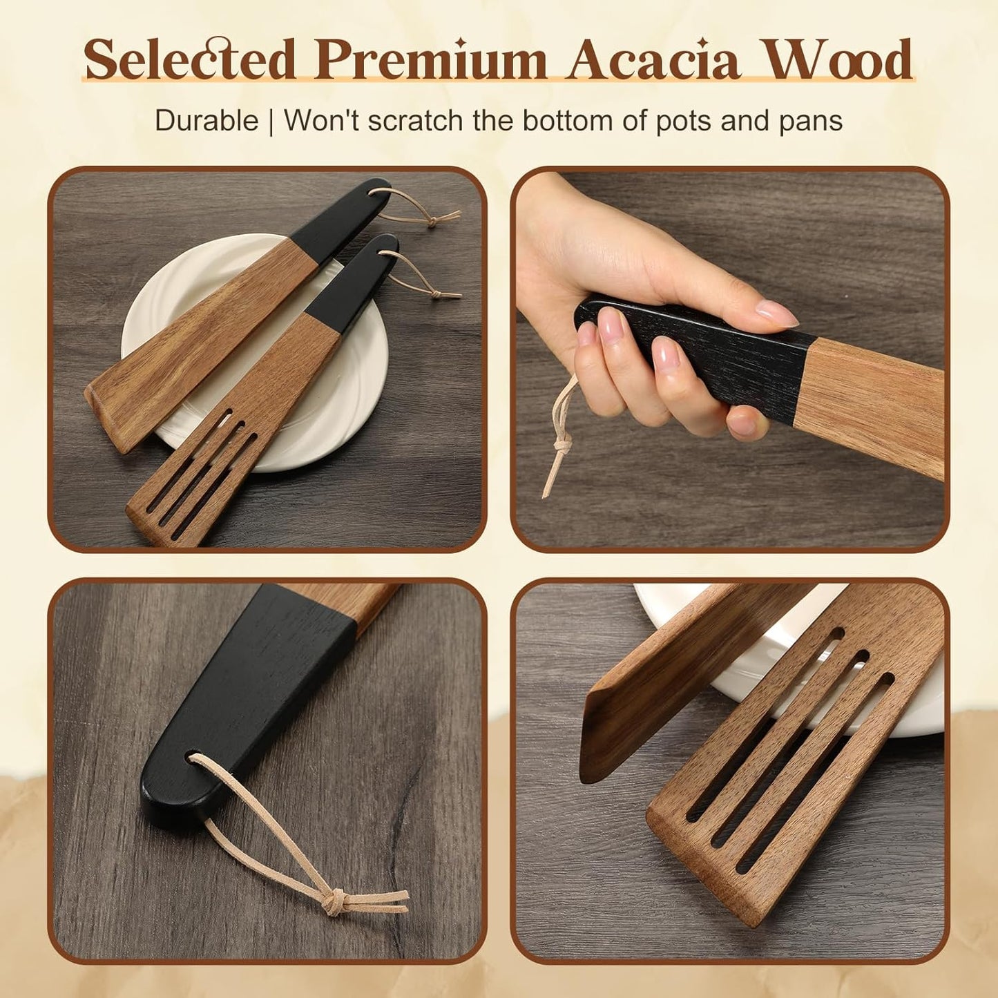 Carpentray 12 Inch Wooden Spatula Acacia Wood Flat Spatula Black Handle for Cooking Small Wood