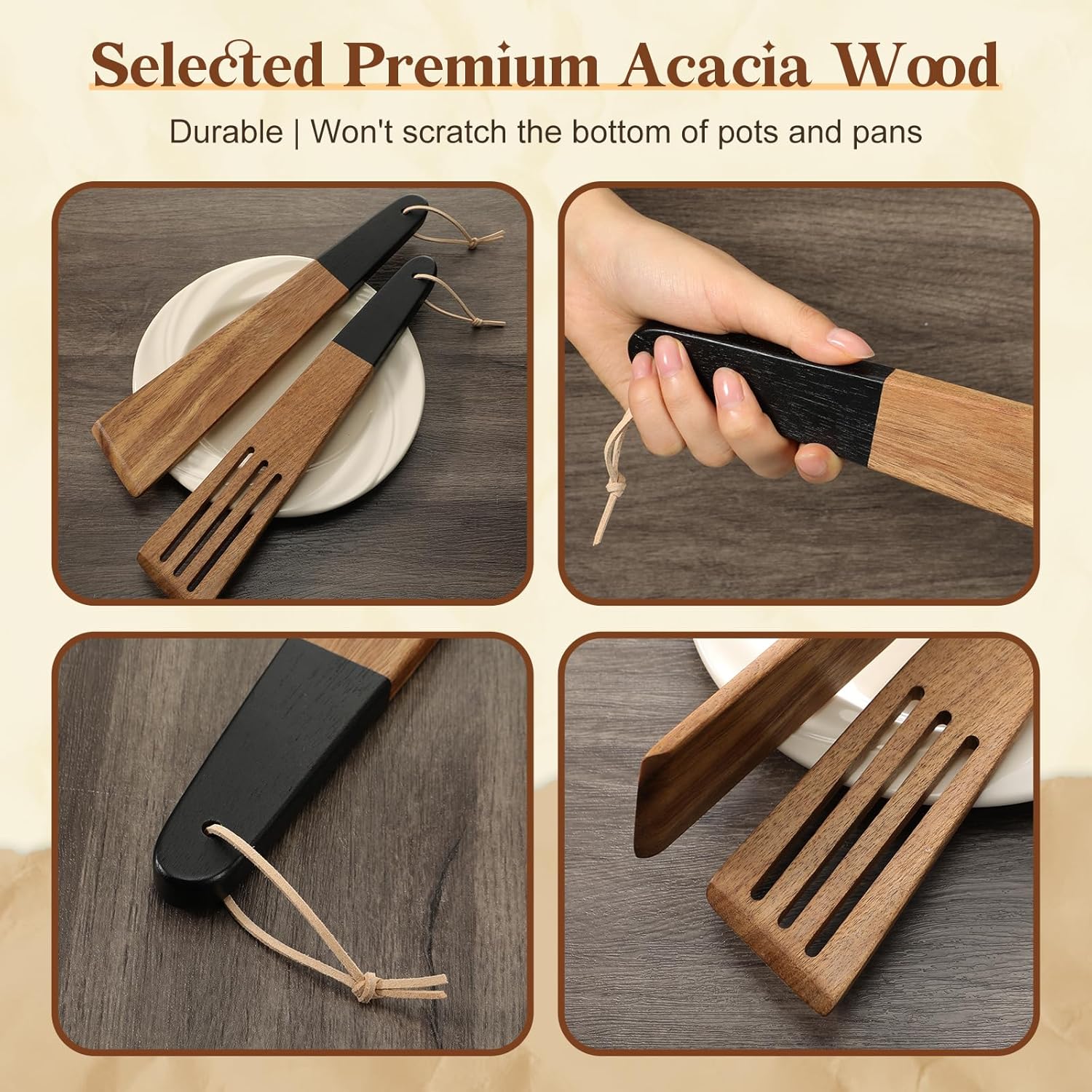 carpentray 12 inch wooden spatula acacia wood flat spatula black handle for cooking small wood