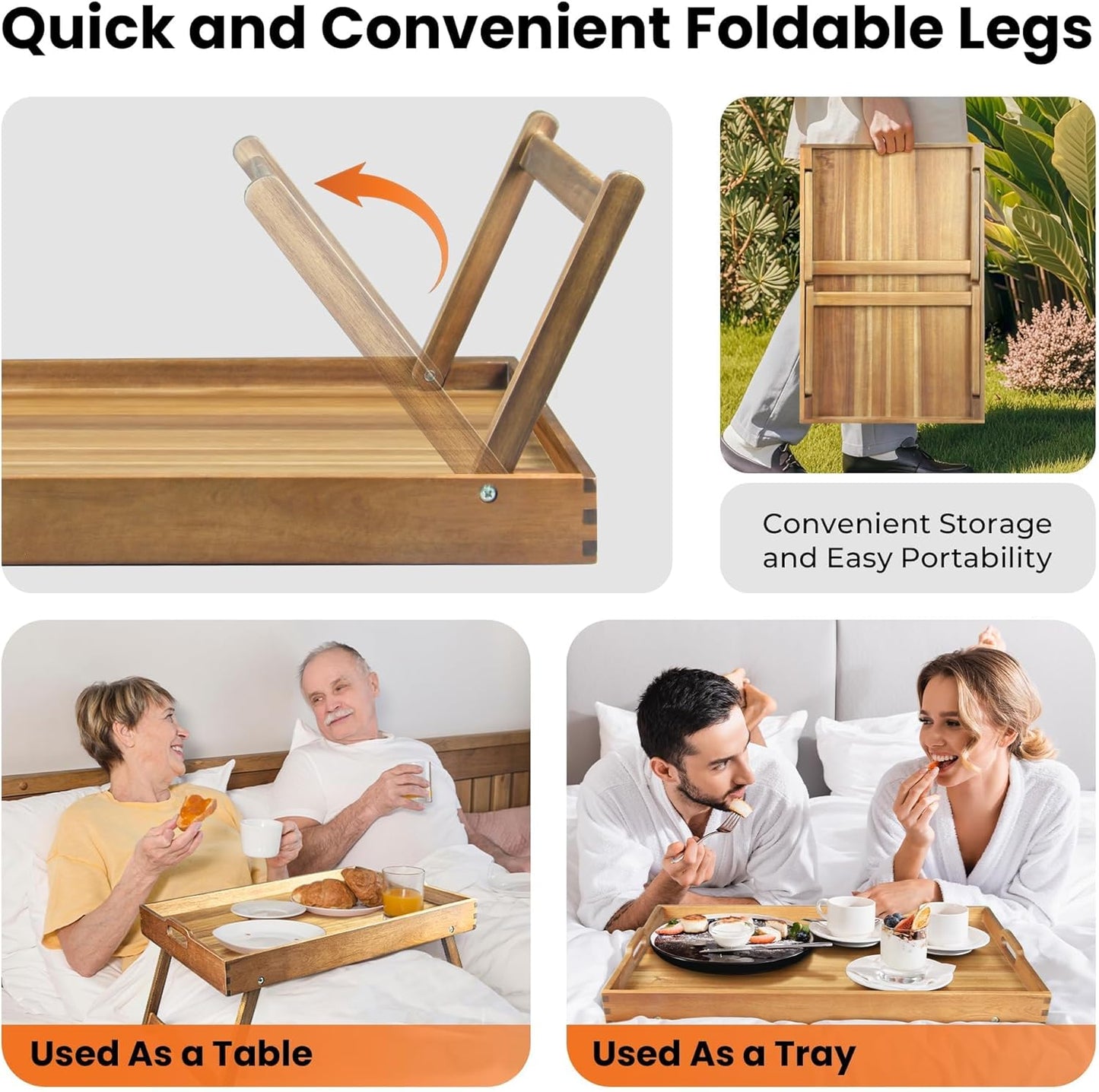 carpentray Extra Large Folding Bed Tray Table, 22’’ x 14’’ Acacia Wood Breakfast Tray
