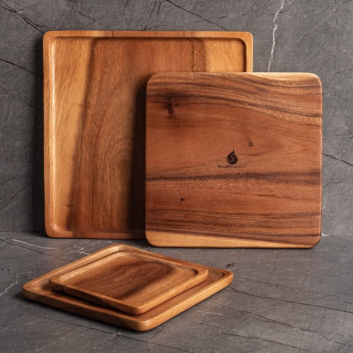 carpentray luxury square acacia wood nesting plates/trays/charger (set of 4)