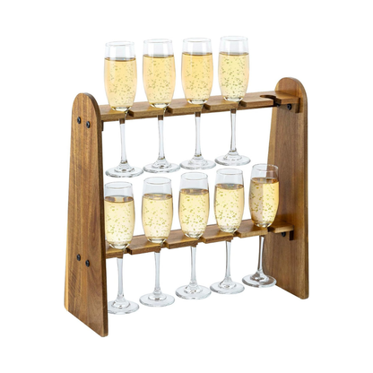 carpentray 2 tier rustic premium solid sheesham wood glass holder stand, display rack with 10 slots, fits up to 9 inch glasses