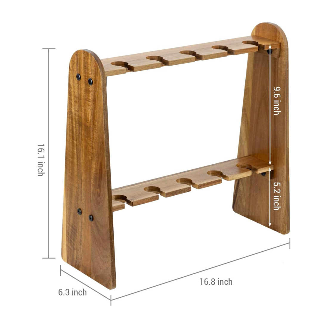 carpentray 2 tier rustic premium solid sheesham wood glass holder stand, display rack with 10 slots, fits up to 9 inch glasses