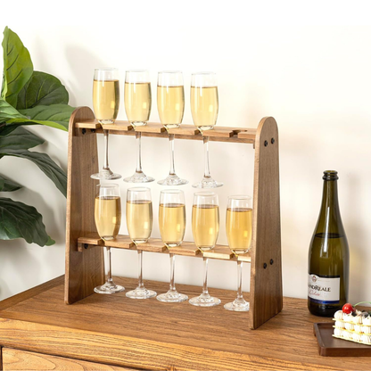 carpentray 2 tier rustic premium solid sheesham wood glass holder stand, display rack with 10 slots, fits up to 9 inch glasses