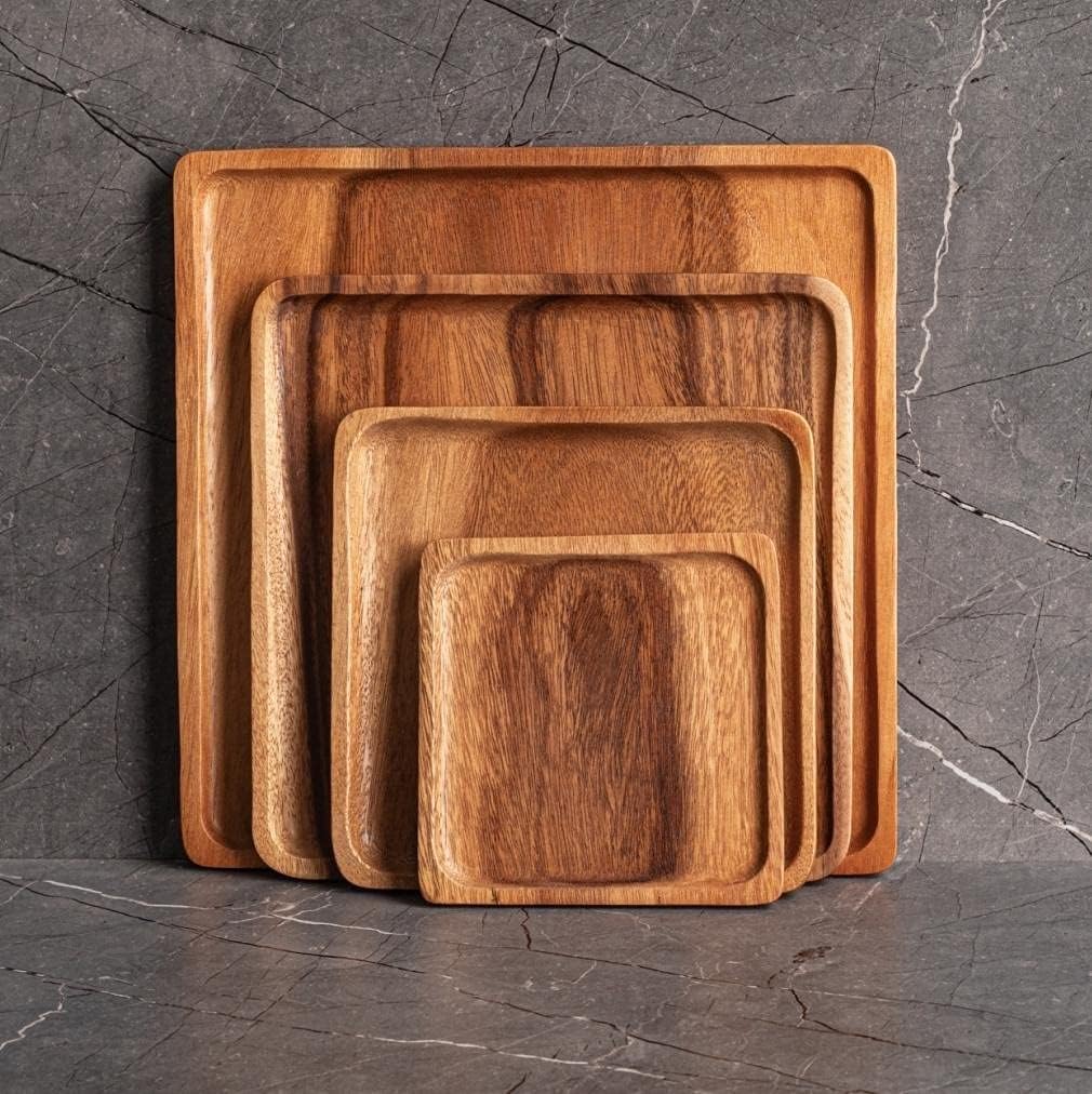 carpentray luxury square acacia wood nesting plates/trays/charger (set of 4)