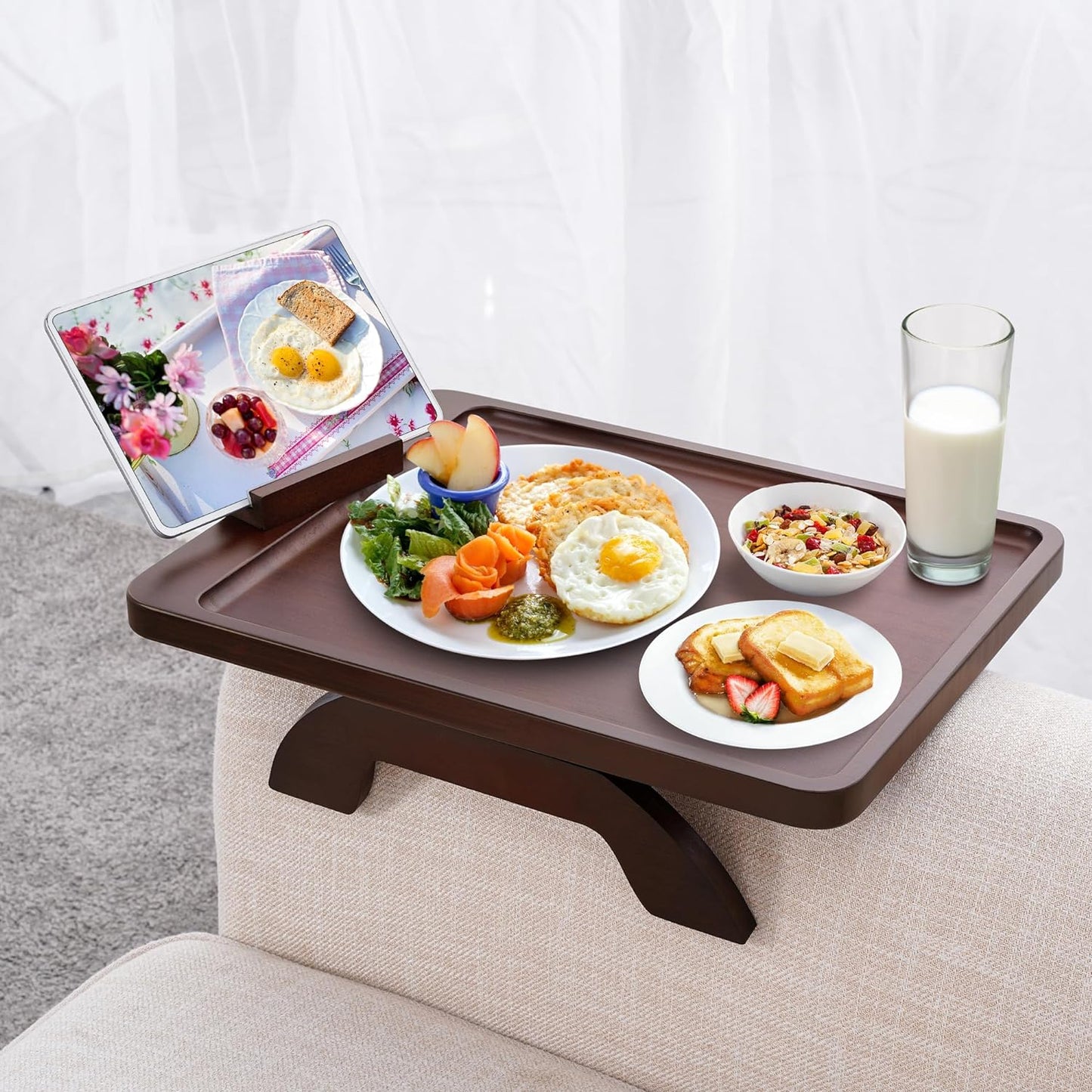 Carpentray Luxury Couch Arm Table Tray, Bamboo Sofa Arm Clip on Tray Table, Large Sofa Armrest Tray with 360° Phone Holder,Portable Side Tables for Remote Snack