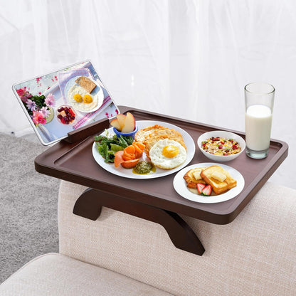 carpentray luxury couch arm table tray, bamboo sofa arm clip on tray table, large sofa armrest tray with 360° phone holder,portable side tables for remote snack