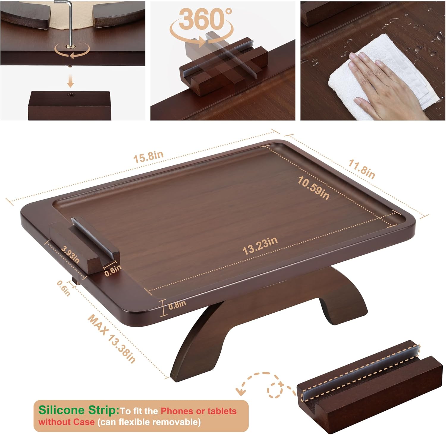 carpentray luxury couch arm table tray, bamboo sofa arm clip on tray table, large sofa armrest tray with 360° phone holder,portable side tables for remote snack