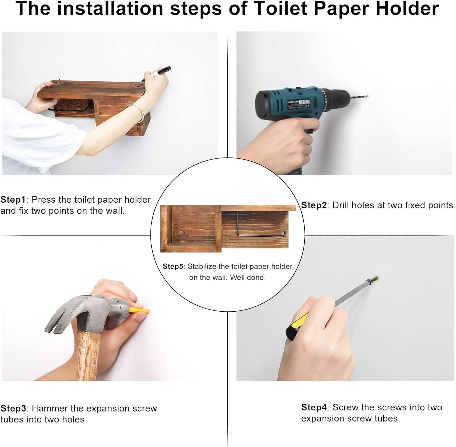 carpentray wooden toilet paper holder wall mount with shelf -  bathroom storage rack for tissue rolls, rustic bathroom decor brown