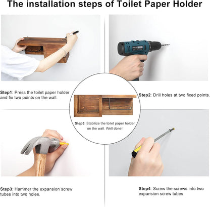carpentray wooden toilet paper holder wall mount with shelf -  bathroom storage rack for tissue rolls, rustic bathroom decor brown