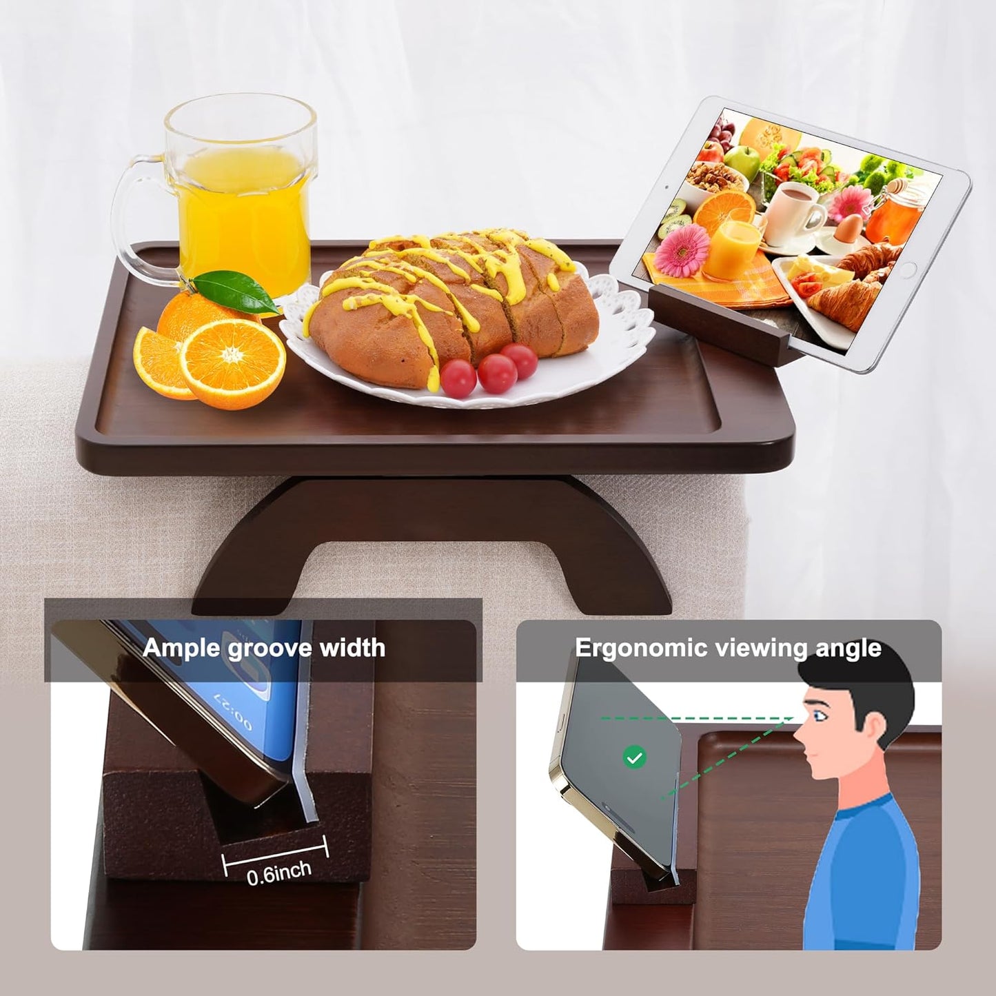 Carpentray Luxury Couch Arm Table Tray, Bamboo Sofa Arm Clip on Tray Table, Large Sofa Armrest Tray with 360° Phone Holder,Portable Side Tables for Remote Snack