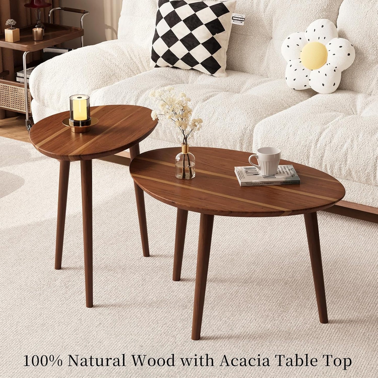 Carpentray Small & Big Oval Coffee Tables Set,Acacia Wood Tabletop Nesting Tables