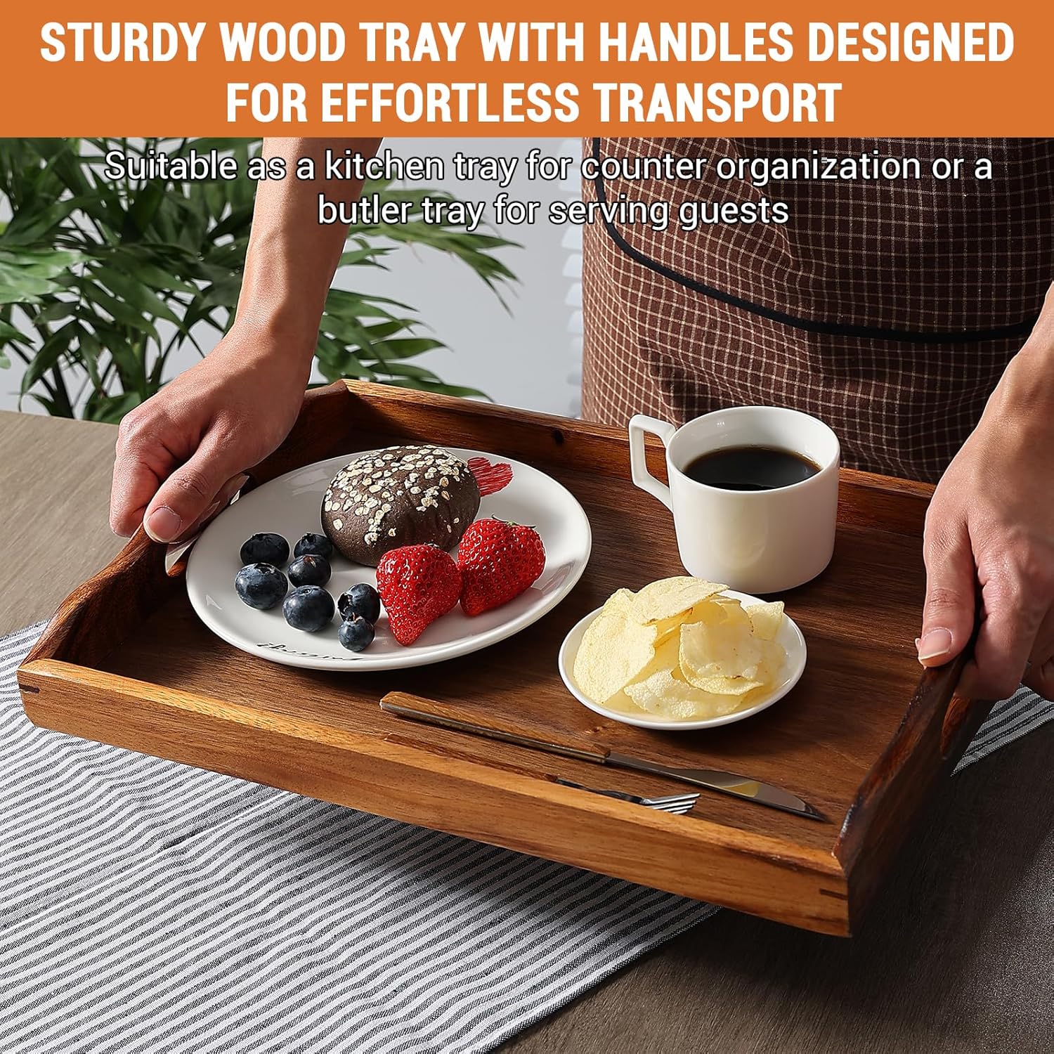 carpentray 16x12 inch nature walnut wooden serving tray with handles, solid wood food tray