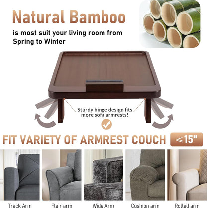 carpentray luxury couch arm table tray, bamboo sofa arm clip on tray table, large sofa armrest tray with 360° phone holder,portable side tables for remote snack