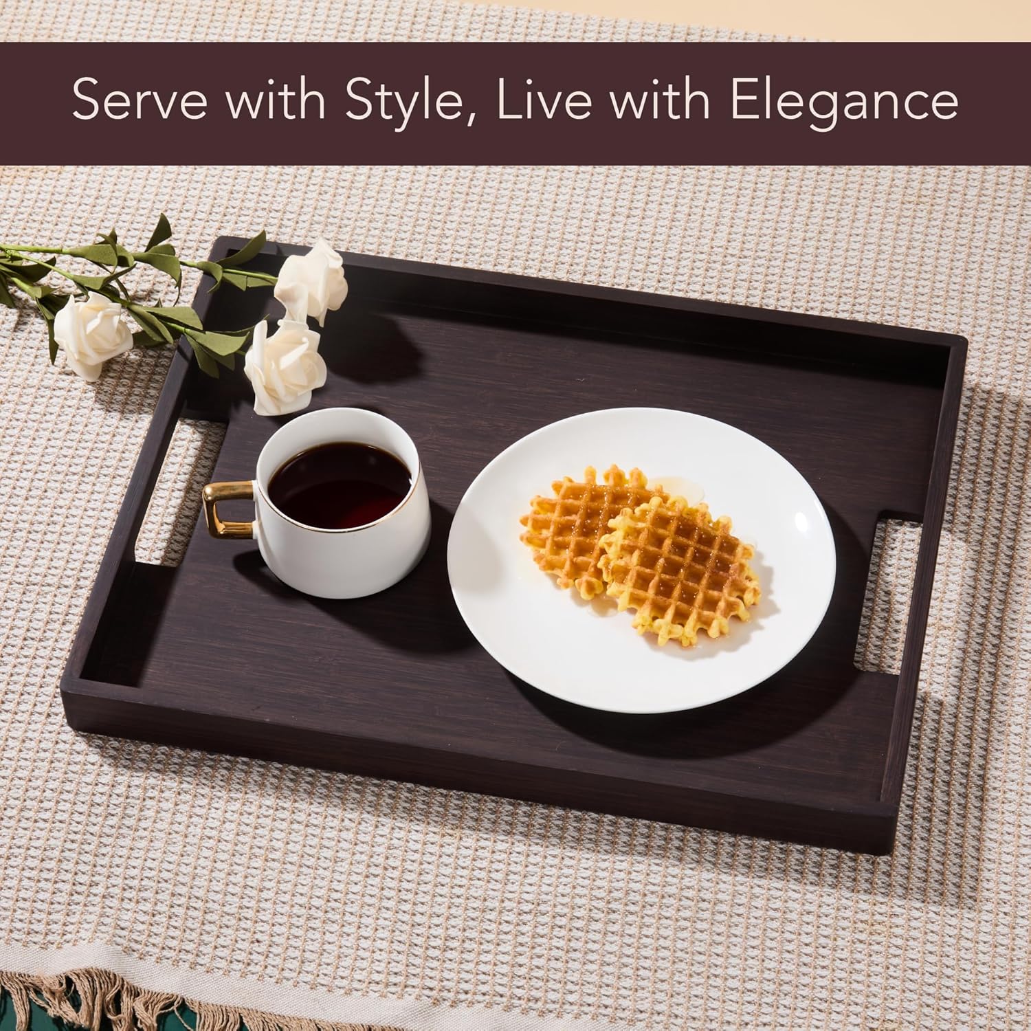 carpentray serving tray 17" x 13", innovative anti-slip coating, mahogany bamboo finish, solid bamboo board, decorative & ottoman tray