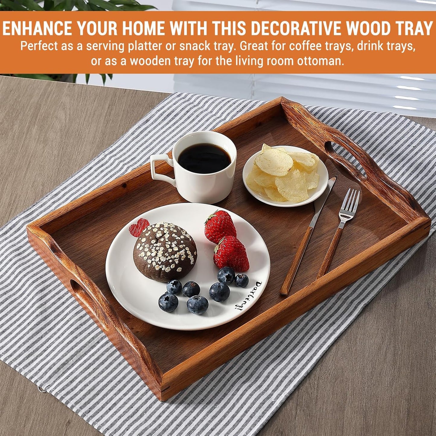 Carpentray 16x12 Inch Nature Walnut Wooden Serving Tray with Handles, Solid Wood Food Tray