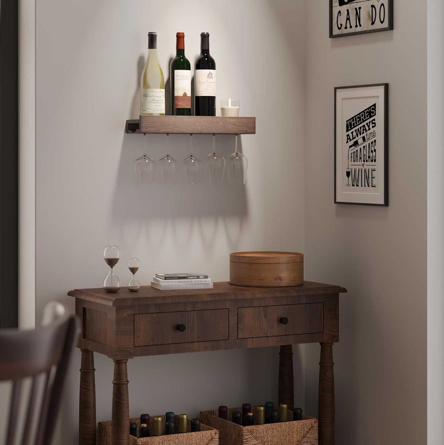 Carpentray Smith Wall Mounted Wood Floating Wine Bottle Rack with Glassware Holder Stemware Shelf Storage Organizer - Home, Kitchen, Dining Room Bar Décor - Walnut