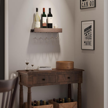 carpentray smith wall mounted wood floating wine bottle rack with glassware holder stemware shelf storage organizer - home, kitchen, dining room bar décor - walnut