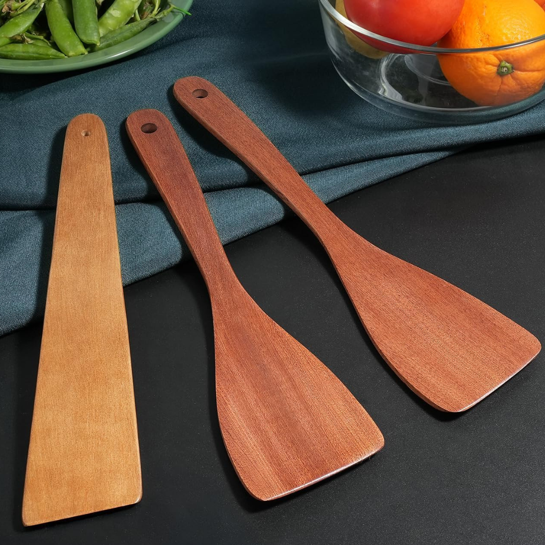 carpentray 3pcs wooden spatulas, 12inch long handle flat spatula set for nonstick pans,