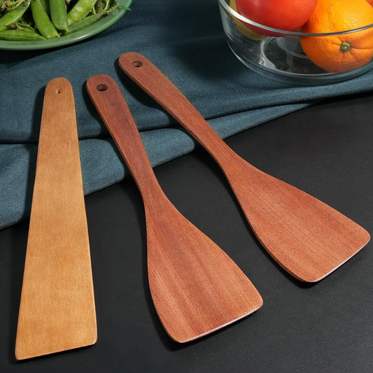 Carpentray 3Pcs Wooden Spatulas, 12inch Long Handle Flat Spatula Set for Nonstick Pans,