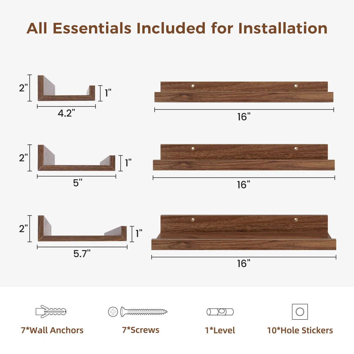 carpentray 16 inch woden wall shelf set of 3 (brown)