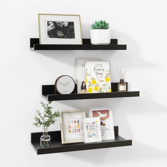 Carpentray 16 Inch Woden Wall Shelf Set of 3 (Black)