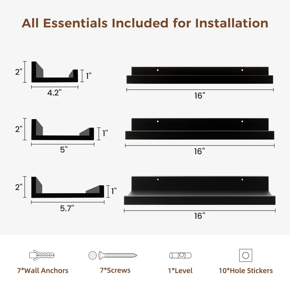 carpentray 16 inch woden wall shelf set of 3 (black)