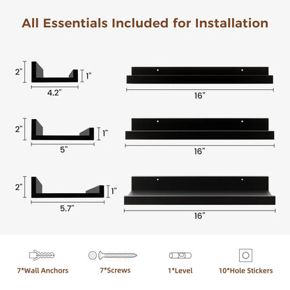 carpentray 16 inch woden wall shelf set of 3 (black)