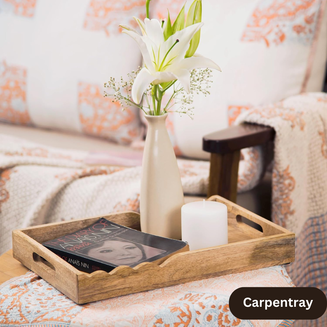 carpentray serving tray with elegant scalloped edges, natural | 15" x 10" x 1.75"